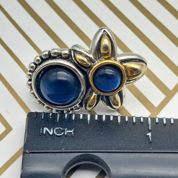 Michael Morrison Two Tone Silver & Gold Blue Glass Bead Floral Earrings Sign MX - Picture 11 of 11